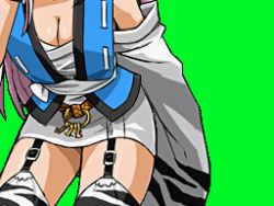 1girl animal_ears animated animated_gif banpresto breasts cat_ears cleavage female_focus fingerless_gloves garter_belt gloves green_background green_eyes koma_(srw) long_hair lowres midriff one_eye_closed pink_hair skirt solo super_robot_wars super_robot_wars_og_saga_mugen_no_frontier thighhighs wink winking_(animated)