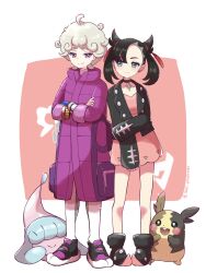 Rule 34 | 1boy, 1girl, :d, asymmetrical bangs, bede (pokemon), black choker, black fur, black hair, black jacket, black shoes, brown fur, choker, closed mouth, coat, crossed arms, curly hair, dress, dynamax band, full body, gen 8 pokemon, green eyes, hair ribbon, hatenna, highres, jacket, leggings, long sleeves, looking at another, marnie (pokemon), morpeko, morpeko (full), nintendo, open mouth, pink dress, pokemon, pokemon (creature), pokemon swsh, popped collar, purple coat, purple eyes, purple shoes, red ribbon, ribbon, saki pokeoekaki, shoes, short hair, simple background, smile, standing, white background, white leggings, yellow fur