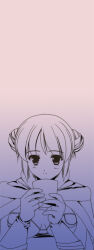 1girl 2000s_(style) ayase_mai_(jelly^2_fish) breasts cape closed_mouth comiket_76 commentary_request cup double_bun dress fur-trimmed_cape fur_trim gradient_background greyscale hair_bun high_wizard_(ragnarok_online) holding holding_cup kathryne_keyron looking_at_viewer medium_breasts monochrome ragnarok_online short_hair smile solo strapless strapless_dress upper_body
