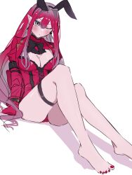 Rule 34 | 1girl, 590kogure590, absurdres, animal ears, baobhan sith (fate), barefoot, blush, bow, bowtie, breasts, cleavage, earrings, fake animal ears, fate/grand order, fate (series), grey eyes, hairband, highres, jacket, jewelry, large breasts, legs, leotard, long hair, long sleeves, looking at viewer, one eye closed, pink hair, pink jacket, pink leotard, playboy bunny, pointy ears, rabbit ears, sidelocks, sitting, solo, thigh strap