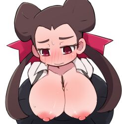 1girl between_breasts blush breasts brown_hair food hair_ribbon large_breasts long_hair miyazero nintendo nipples open_clothes open_shirt pocky pokemon pokemon_oras red_eyes ribbon roxanne_(pokemon) shiny_skin skirt sweat