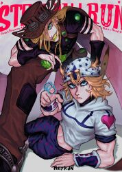 Rule 34 | 2boys, ball, beanie, blonde hair, blue eyes, blue pants, blue sleeves, bridal gauntlets, brown cape, brown hat, brown pants, cape, commentary, cowboy hat, english commentary, goggles, goggles on headwear, gold teeth, green ball, green eyes, green lips, grin, gyro zeppeli, hair over one eye, hat, heart ornament, highres, holding, holding ball, holster, hood, hood down, hoodie, horseshoe, horseshoe hat ornament, johnny joestar, jojo no kimyou na bouken, long hair, looking at viewer, lying, medium hair, multiple boys, on side, pants, pointing, pointing at viewer, purple bridal gauntlets, purple shirt, purple sleeves, reykun, shirt, short hair, smile, spurs, star (symbol), star print, steel ball (jojo), steel ball run, two-tone sleeves, white hat, white hoodie, white sleeves, wristband