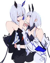 2girls absurdres atenaba bare_shoulders black_hair black_leotard black_pantyhose blue_eyes blue_pupils blush breasts cevio cowboy_shot cropped_legs detached_collar grey_hair hand_on_another&#039;s_waist highres jacket kafu_(cevio) leotard looking_at_another medium_hair multiple_girls off_shoulder pantyhose parted_lips rime_(cevio) simple_background small_breasts strapless strapless_leotard twintails white_background white_jacket white_leotard white_pantyhose wrist_cuffs yuri