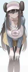 1girl absurdres black_hair black_pantyhose blush bra bra_strap breasts cleavage collarbone donut_hair_bun double_bun feet_out_of_frame hair_between_eyes hair_bun hands_on_own_knees highres huge_breasts leaning_forward long_hair looking_at_viewer miniskirt nintendo nsb36046_(na) pantyhose pink_bra pokemon raglan_sleeves rosa_(pokemon) simple_background skirt solo two-tone_shirt underwear very_long_hair visor_cap white_background yellow_skirt