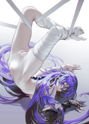 Rule 34 | 1girl, acheron (honkai: star rail), bandaged leg, bandages, barefoot, censored, chain, commentary request, detached sleeves, gloves, gradient background, grey background, hair spread out, highres, honkai: star rail, honkai (series), iumu, long hair, looking at viewer, mechanical spine, mosaic censoring, navel, nude, partially fingerless gloves, purple eyes, purple hair, pussy, sidelocks, single detached sleeve, suspension, thighs, very long hair