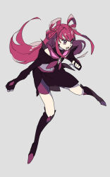1girl bike_shorts black_boots boots buntatta butterfly_brooch butterfly_earrings crystal dark_cure_(yes!_precure_5) dark_dream earrings fingerless_gloves gloves grey_background hair_rings jewelry knee_boots long_hair long_sleeves looking_ahead navel open_mouth pink_hair pink_shorts precure shorts yes!_precure_5