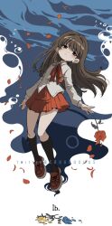1girl black_socks blue_flower blue_rose bow bowtie brown_eyes brown_hair brown_shoes bubble child closed_mouth collared_shirt commentary copyright_name criis-chan dress_shoes expressionless floating floating_hair flower full_body ib_(ib) ib_(kouri) kneehighs knees light_blush light_frown long_hair long_sleeves miniskirt petals pleated_skirt red_bow red_bowtie red_flower red_rose red_skirt rose rose_petals shirt shoes skirt socks solo twitter_username underwater white_background white_shirt yellow_flower yellow_rose