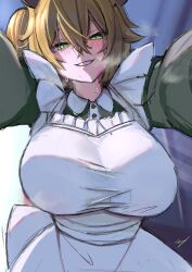 1girl absurdres apron blush breasts brown_hair erroz_(errozthewhite) green_eyes grin hair_between_eyes heavy_breathing highres huge_breasts indie_virtual_youtuber looking_at_viewer nimi_nightmare one_side_up pov smile solo steaming_body sweat tail tapir_girl tapir_tail virtual_youtuber