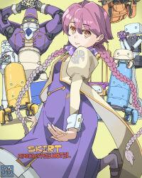 1girl 6+others apocalypse_hotel braid breasts brown_eyes commentary doorman_robot_(apocalypse_hotel) dress english_commentary english_text flycatcher_robot hair_between_eyes highres jacket juliet_sleeves long_hair long_skirt long_sleeves multiple_others open_clothes open_jacket pink_hair puffy_sleeves purple_dress scarf shoes skirt small_breasts standing standing_on_one_leg twin_braids umsisi very_long_hair wrist_cuffs yachiyo_(apocalypse_hotel)