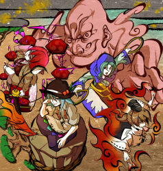 Rule 34 | 1boy, 4girls, between fingers, black hat, black shirt, blue dress, blue eyes, blue hair, blue hood, breasts, center frills, closed mouth, cloud, collared shirt, commentary request, dress, drum, egasumi, fire, flat chest, frills, full body, grey eyes, grey hair, grey jacket, grey shirt, grey skirt, grin, hair between eyes, hat, hat ornament, head rest, high ponytail, highres, hinanawi tenshi, holding, holding jewelry, holding ring, hood, hood down, horikawa raiko, indian style, instrument, jacket, japanese clothes, jewelry, kaname-ishi, kariginu, kesa, kumoi ichirin, large breasts, leaf hat ornament, long bangs, long hair, long sleeves, looking at viewer, mononobe no futo, multiple girls, necktie, ofuda, ofuda between fingers, open clothes, open jacket, open mouth, plaid clothes, plaid shirt, ponytail, puffy short sleeves, puffy sleeves, purple necktie, purple skirt, red eyes, red hair, ribbon-trimmed sleeves, ribbon trim, ring, shaded face, shika miso, shirt, short hair, short sleeves, sitting, skirt, smile, sword of hisou, taiko drum, tate eboshi, touhou, unzan, v-shaped eyebrows, white shirt, wide sleeves
