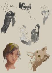 Rule 34 | 2boys, 2girls, baseball cap, cat, dakimakura (object), hat, head only, highres, long hair, medium hair, multiple boys, multiple girls, original, painting (medium), partially shaded face, pillow, slow d, traditional media