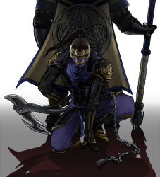 Rule 34 | armor, brown hair, cape, chain, hattori hanzo, mask, ninja, polearm, ponytail, scythe, sengoku musou, shadow, spear, tokugawa ieyasu, weapon