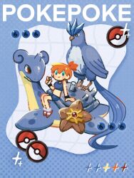 1girl :d articuno asymmetrical_hair bikini blue_bikini breasts crop_top gen_1_pokemon green_eyes gym_leader highres knees lapras legendary_pokemon looking_at_viewer midriff misty_(pokemon) navel nintendo open_mouth orange_hair pointing pokemon pokemon_frlg pokemon_tcg pokemon_tcg_pocket ponytail red_shoes riding riding_pokemon shirt shoes short_hair shorts side_ponytail smile standing staryu swimsuit wristband