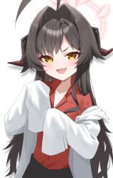 Rule 34 | 1girl, absurdres, ahoge, black hair, black horns, black skirt, blue archive, coat, collared shirt, commentary, fang, hair intakes, halo, highres, horns, jei (user tckk7448), kasumi (blue archive), long hair, long sleeves, looking at viewer, open clothes, open coat, open mouth, red halo, red shirt, shadow, shirt, simple background, single sleeve past fingers, skin fang, skirt, solo, very long hair, white background, white coat, yellow eyes