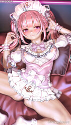 1girl ahoge anchor_print artist_name ass bed_sheet blush bow bowtie braid breasts center_frills closed_mouth commentary commission covered_erect_nipples dress english_commentary frills hololive jixing_renou large_breasts long_hair lying maid maid_headdress minato_aqua minato_aqua_(8th_costume) multicolored_hair on_back panties pillow pink_bow pink_bowtie pink_dress pink_eyes pink_hair pink_panties short_sleeves smile socks solo streaked_hair thighs twintails two-tone_hair underwear virtual_youtuber white_socks