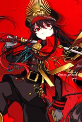 Rule 34 | black coat, black hair, black hat, cape, coat, crest, family crest, fate/grand order, fate (series), hat, highres, holding, holding sword, holding weapon, katana, long hair, looking at viewer, military hat, military uniform, oda nobunaga (fate), oda nobunaga (maou avenger) (fate), red cape, red eyes, sword, very long hair, weapon, yui (tamagohan)