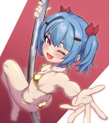 1girl ;d absurdres alternate_costume ass back barefoot bikini blue_hair blush colphne_(girls&#039;_frontline_2) fang girls&#039;_frontline girls&#039;_frontline_2:_exilium gold_bikini hair_ornament hairclip highres looking_at_viewer lotan one_eye_closed open_mouth pole_dancing purple_eyes reaching reaching_towards_viewer skin_fang smile solo swimsuit twintails
