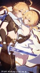 1boy 1girl absurdres aether_(genshin_impact) blonde_hair dress feather_hair_ornament feathers flower genshin_impact hair_flower hair_ornament highres imasaki_kei lumine_(genshin_impact) romper short_hair_with_long_locks siblings white_dress white_flower yellow_eyes