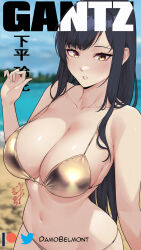 1girl bare_shoulders beach bikini black_hair blue_sky blurry blurry_background breasts brown_eyes cleavage collarbone copyright_name damobelmont depth_of_field gantz highres long_hair looking_at_viewer navel outdoors parted_lips shimohira_reika sky solo stomach swimsuit