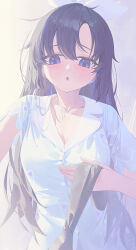 Rule 34 | 1girl, :o, absurdres, black necktie, blue archive, blue pajamas, blue shirt, blush, breasts, cleavage, collarbone, commentary, highres, lan001, long hair, looking at viewer, medium breasts, necktie, no halo, official alternate costume, open collar, pajamas, pov, purple eyes, purple hair, shirt, straight hair, upper body, very long hair, yuuka (blue archive), yuuka (pajamas) (blue archive)