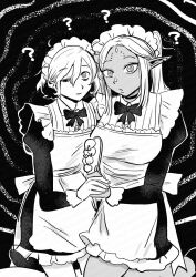 1boy 1girl ? @_@ alternate_costume apron cithis crossdressing crossdressing_(mtf) dark-skinned_female dark_elf dark_skin dress dungeon_meshi elf enmaided facial_mark forehead_mark greyscale highres holding holding_hands holding_wand katsuobushi_(katuobusi1234) lazy_eye long_hair looking_at_viewer maid maid_apron maid_headdress male_maid mithrun monochrome notched_ear pointy_ears short_hair twintails uneven_eyes wand