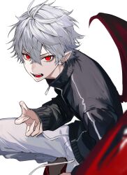 1boy absurdres black_jacket ear_piercing earrings grey_hair grey_pants hair_between_eyes highres jacket jewelry kuzuha_(1st_costume)_(nijisanji) kuzuha_(nijisanji) long_sleeves looking_at_viewer male_focus mole mole_under_eye nijisanji open_mouth pants piercing pointy_ears red_eyes red_slippers shirt simple_background slippers smile solo sweatpants track_jacket vampire virtual_youtuber white_hair znjxlz