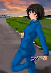 amagami black_hair blush brown_hair murasaki_iro nanasaki_ai shoes short_hair sneakers solo stretching sunset track_and_field track_suit