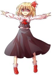 1girl alphes_(style) black_dress black_vest blonde_hair blouse collared_shirt commentary_request dairi dress fang frilled_sleeves frills full_body hair_ornament hair_ribbon large_variant_set long_sleeves looking_at_viewer open_mouth outstretched_arms parody red_eyes red_ribbon red_shoes ribbon rumia shaded_face shirt shoes short_hair solo style_parody tachi-e touhou transparent_background two-tone_ribbon variant_set vest white_shirt