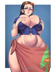 1girl absurdres artist_name black_hair blue_background blue_eyes border breasts cleavage closed_mouth cropped_jacket curvy eyewear_on_head floral_print hands_on_own_breasts highres holding huge_breasts jacket long_hair looking_at_viewer luchidart mature_female navel nico_robin nico_robin_(return_to_sabaody) one_piece pink_sarong sarong short-sleeved_jacket short_sleeves simple_background smile solo sunglasses white_border wide_hips zipper zipper_pull_tab