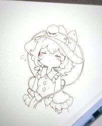 Rule 34 | 1girl, art tools in frame, blush, bow, buttons, closed eyes, closed mouth, collared shirt, commentary request, diamond button, eyeball, facing viewer, frilled shirt collar, frilled sleeves, frills, hat, hat bow, highres, komeiji koishi, long sleeves, photo (medium), shiro tsugumi, shirt, skirt, sleeping, solo, spot color, third eye, touhou, traditional media, wide sleeves