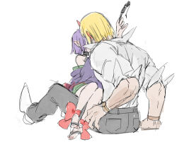 1boy 1girl absurdres barefoot blonde_hair blush bob_cut couple fate/grand_order fate_(series) hetero high_collar highres horns japanese_clothes kimono kiss nose_blush pants purple_hair purple_kimono sakata_kintoki_(fate) sake_onicure shirt short_hair short_sleeves shuten_douji_(fate) simple_background sitting sitting_on_lap sitting_on_person sketch skin-covered_horns white_background