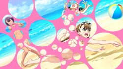 3girls ahoge antenna_hair ball barefoot beach beach_volleyball beachball black_ribbon blonde_hair blue_sky bob_cut breasts brown_hair bubble_filter censored cleavage closed_eyes cloud collarbone daitoku_junna dark-skinned_female dark_skin day diving dynamic_pose eyewear_on_head feet floating_hair flying_sweatdrops from_side fukuda_tomonori full_body game_cg green_eyes groin hair_ornament hair_ribbon highres implied_nudity koujiro_frau long_hair low_ponytail low_twintails medium_breasts motion_lines multiple_girls navel ocean official_art open_mouth outdoors outstretched_arms ponytail reaching ribbon robotics;notes robotics;notes_dash sand shadow short_hair shouting sideboob sky small_breasts standing stomach summer sunglasses sunlight sweat sweatdrop tan teeth tennouji_nae toes tongue twintails upper_teeth_only volleyball water waves white-framed_eyewear
