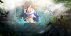 1girl absurdres bikini black_bikini blue_archive blue_sweater breasts brown_eyes brown_hair cleavage closed_mouth hayate_(1034853996) highres large_breasts long_hair looking_at_viewer moe_(blue_archive) moe_(swimsuit)_(blue_archive) nature outdoors smile solo sweater swimsuit twintails water waterfall waterfall_shower