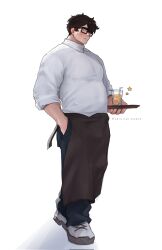 1boy apron bara belly blush glasses highres holding holding_tray huge_eyebrows huge_pectorals male_focus muscular muscular_male original plump shinichiii short_hair shy sideways_glance solo standing tray waist_apron waiter