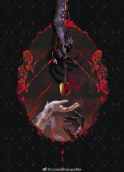 amulet bandaged_hand bandages black_gloves blood bloodborne bloodytongue666 chain english_text gloves hand_focus highres holding holding_chain outstretched_hand symbolism tagme watermark weibo_username weibo_watermark