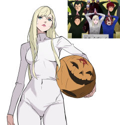 1girl ^_^ amuro_ray blonde_hair blue_eyes bodysuit breasts bright_noa brown_hair closed_eyes covered_navel gigi_andalusia gundam gundam_hathaway&#039;s_flash gundam_tekketsu_no_orphans hathaway_noa head_tilt holding holding_mask jacket jason_kim long_hair mafti_nabiyu_erin mask medium_breasts meme mobile_suit_gundam orga_itsuka pumpkin_dance_(meme) red_jacket reference_inset skin_tight solo_focus tokai_teio_(umamusume) umamusume white_bodysuit
