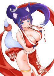 Rule 34 | 1girl, absurdres, animal ear fluff, animal ears, bare hips, blue eyes, blue hair, blush, breasts, cleavage, collarbone, commentary request, cosplay, displayer, folded fan, folding fan, hair ornament, hairclip, hand fan, highres, japanese clothes, kimono, large breasts, long hair, looking at viewer, mole, mole on breast, multicolored hair, ninja, pelvic curtain, ponytail, red kimono, revealing clothes, roger (nyaruko839), rope, shiranui mai, shiranui mai (cosplay), sleeveless, sleeveless kimono, solo, streaked hair, tail, thigh strap, virtual youtuber, white background, wolf ears, wolf girl, wolf tail, wrist guards, yoshibana kokoro