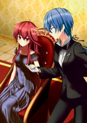10s 2girls akuma_no_riddle azuma_tokaku black_bow black_dress blue_eyes blue_hair bow bowtie collarbone dress eyebrows formal_clothes gloves hair_between_eyes hair_ornament highres holding_hands ichinose_haru indoors long_hair multiple_girls red_eyes red_hair sadumey short_hair sitting smile suit traditional_bowtie white_gloves yuri