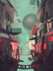 1other alley black_hair blurry building city coat depth_of_field dkaism from_behind ladder orb original outdoors painterly scenery short_hair sky solo trench_coat walking