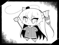 1girl :&lt; amatsukaze_(kancolle) ataru_(ataru-littlebird) bug chibi choker closed_mouth dress fly flyswatter full_body greyscale hair_tubes hat holding insect kantai_collection lifebuoy_ornament mini_hat monochrome neckerchief sailor_collar sailor_dress smokestack_hair_ornament solo standing thighhighs two_side_up