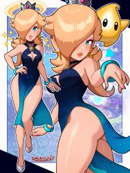1girl absurdres ass black_choker black_dress blonde_hair blue_dress blue_eyes bracelet breasts brooch choker cleavage cleavage_cutout clothing_cutout crown dress gradient_clothes gradient_dress hair_over_one_eye halo hand_on_own_hip highres jewelry lips long_bangs long_hair luma_(mario) mario_(series) medium_breasts multiple_views nintendo parted_lips pelvic_curtain purple_nails rosalina sarukaiwolf side_slit star_brooch super_mario_galaxy thighs