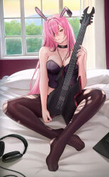 1girl absurdres animal_ears b.c._rich bare_shoulders bed black_pantyhose breasts cable choker cleavage collarbone curtains dress electric_guitar feet guitar hair_between_eyes highres holding holding_instrument hololive hololive_english indian_style indoors instrument large_breasts long_hair long_hair_between_eyes long_legs looking_at_viewer mori_calliope mori_calliope_(rock_bunny) on_bed pants pantyhose pink_eyes pink_hair puppnet rabbit_ears shirt sitting solo strapless torn_clothes torn_dress torn_pants torn_shirt virtual_youtuber window