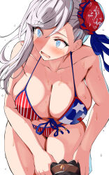 1girl @_@ american_flag american_flag_bikini american_flag_print belko bikini blue_eyes blue_ribbon blush breasts cleavage fate/grand_order fate_(series) flag_print hair_ribbon highres large_breasts miyamoto_musashi_(fate) miyamoto_musashi_(fate/grand_order) miyamoto_musashi_(swimsuit_berserker)_(fate) miyamoto_musashi_(swimsuit_berserker)_(second_ascension)_(fate) open_mouth penis_shadow print_bikini ribbon sidelocks single_sidelock single_thighhigh swimsuit thighhighs thighs wet white_hair