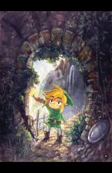 1boy arch belt black_eyes blonde_hair boots bridge fairy fundoshi_(tofupoid) hat lamp letterboxed link male_focus mountain nature navi nintendo oil_lamp open_mouth plant pointy_ears short_hair solo the_legend_of_zelda the_legend_of_zelda:_phantom_hourglass the_legend_of_zelda:_the_wind_waker tunic vines water waterfall wind