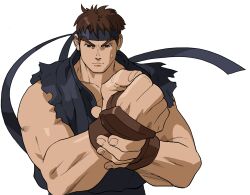 1boy adjusting_clothes adjusting_gloves bengus black_headband brown_eyes brown_hair dark_persona dougi evil_ryu game_cg gloves headband highres male_focus muscular non-web_source official_art ryu_(street_fighter) short_hair simple_background small_sweatdrop solo street_fighter street_fighter_zero_(series) sweat v-shaped_eyebrows white_background