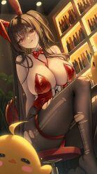 1girl :q absurdres animal_ears azur_lane bare_shoulders black_hair black_pantyhose bottle bow bowtie breasts closed_mouth detached_collar fake_animal_ears highres id_card indoors large_breasts leotard long_hair looking_at_viewer manjuu_(azur_lane) mohaka_(m_0haka) official_alternate_costume pantyhose playboy_bunny rabbit_ears red_bow red_bowtie red_eyes red_leotard sideboob sitting smile solo taihou_(azur_lane) taihou_(fun_on_the_baize)_(azur_lane) thigh_strap thighs tongue tongue_out torn_clothes torn_pantyhose