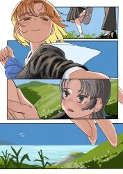2girls absurdres blonde_hair blue_sky blush brown_eyes colored_eyelashes comic crying day ear_piercing earrings fingernails grey_hair half-closed_eyes highres hill hirameki_(hirahirameki) holding_hands horizon jewelry looking_at_another mole mole_under_eye multiple_girls ocean open_mouth original outdoors piercing sailor_collar shoes silent_comic skirt sky smile tears white_sailor_collar yuri
