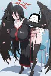 Rule 34 | 1boy, 1girl, black choker, black hair, black wings, blue archive, breasts, chibi, choker, clothed female nude male, clothed sex, cum, cum in pussy, doodle sensei (blue archive), feathered wings, female pubic hair, hair between eyes, halo, hasumi (blue archive), height difference, highres, huet-pc, huge breasts, justice task force (blue archive), large breasts, long hair, long hair between eyes, mole, mole under eye, nude, oversized wings, pubic hair, red eyes, red halo, sensei (blue archive), sex, wings