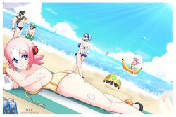 Rule 34 | 2girls, 3girls, android, artist request, ass, beach, blue hair, breasts, douglas (mega man), large breasts, long hair, luna (mega man), mega man (series), mega man x: command mission, mega man x (series), minerva (mega man), multiple girls, nana (mega man x: command mission), pink hair, short hair, signas (mega man), smile, swimsuit