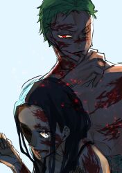 1boy 1girl black_hair blood blood_on_chest blood_on_face closed_mouth green_hair highres lineart long_hair looking_at_viewer nico_robin one_eye_closed one_piece piry red_eyes roronoa_zoro scar scar_across_eye scar_on_face short_hair simple_background tongue tongue_out upper_body
